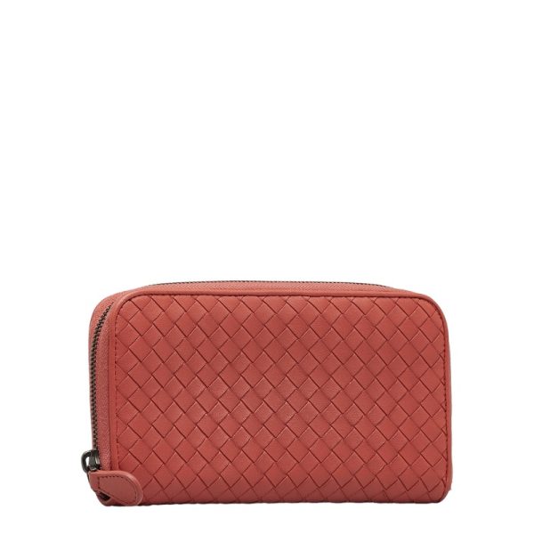 1 0123823 2 Bottega Veneta Intrecciato Round Zipper Long Wallet Pink Leather