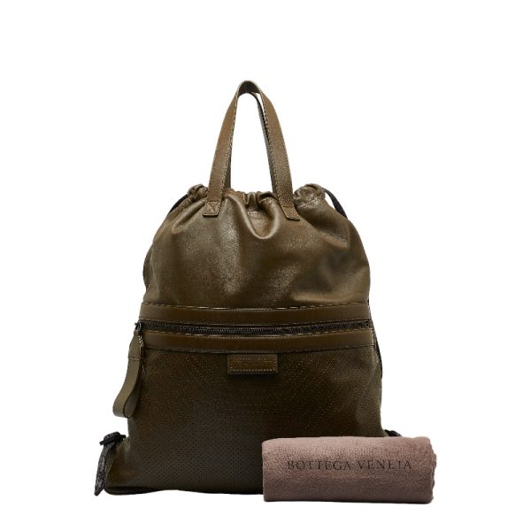 1 0124030 11 Bottega Veneta Leggero Punching Rucksack Backpack Khaki Leather