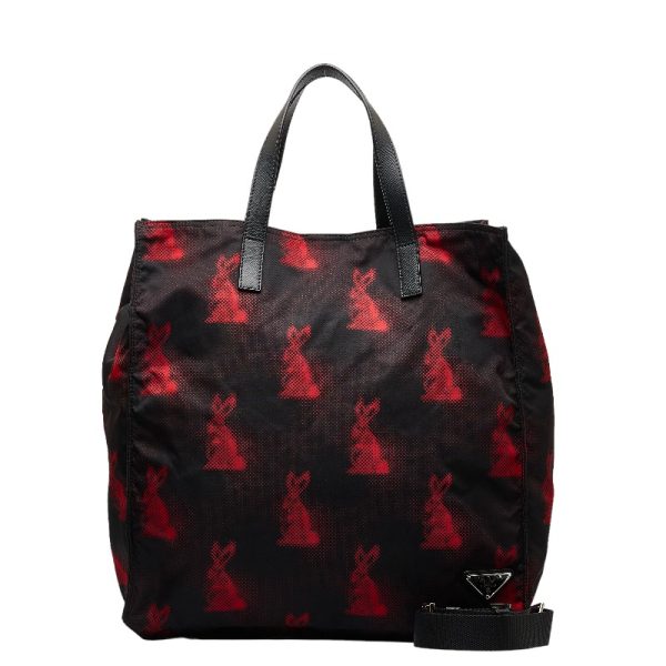 1 0124053 1 Prada Rabbit Tote Bag Shoulder Bag 2WAY Black Red Nylon