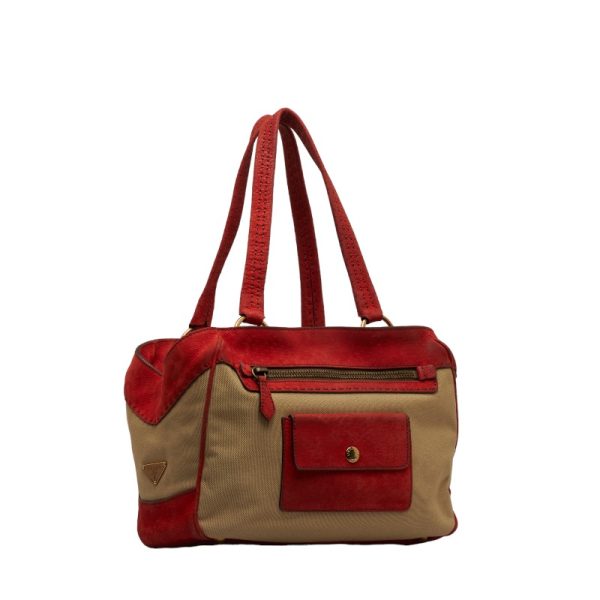 1 0124852 2 Prada Handbag Beige Red Canvas Leather