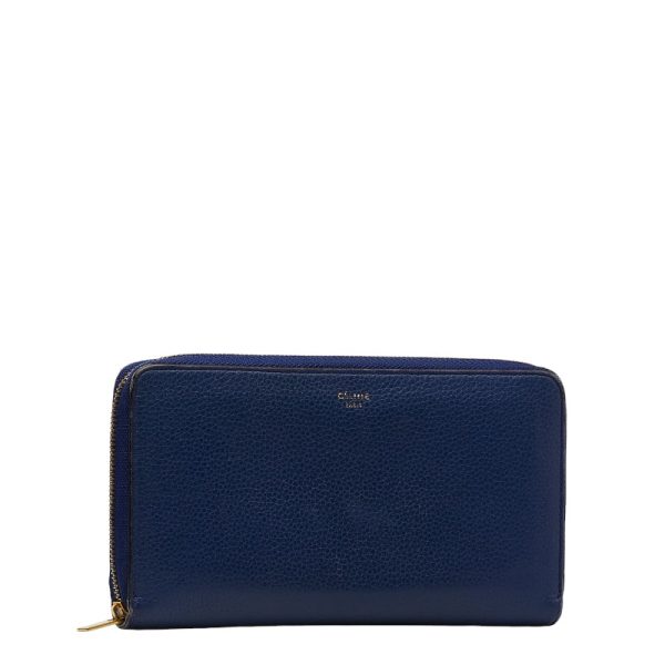 1 0126274 2 Celine Round Zipper Long Wallet Blue Leather