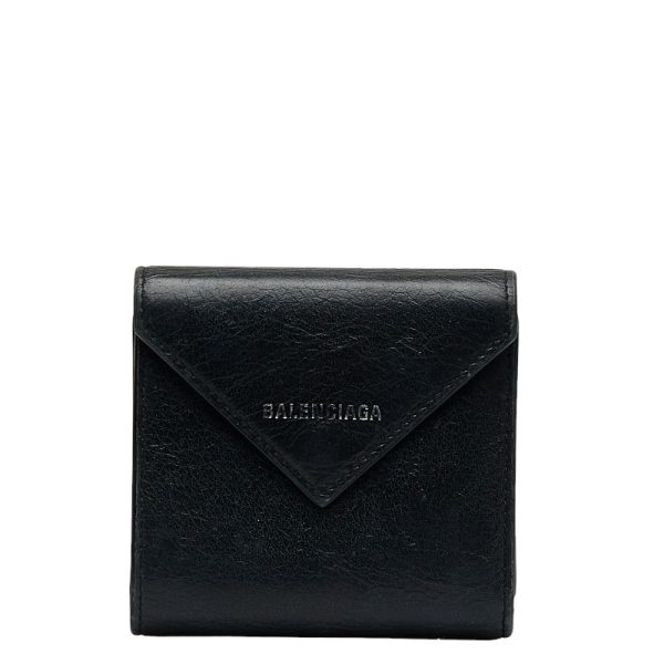 1 0127130 2 Balenciaga Paper Trifold Wallet Black Leather