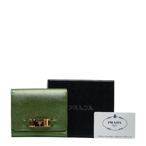 1 0127144 10 Prada Saffiano Trifold Wallet Compact Wallet Green Leather