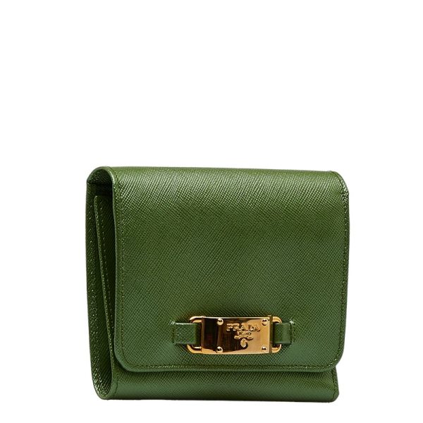 1 0127144 2 Prada Saffiano Trifold Wallet Compact Wallet Green Leather