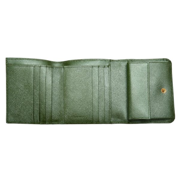 1 0127144 5 Prada Saffiano Trifold Wallet Compact Wallet Green Leather