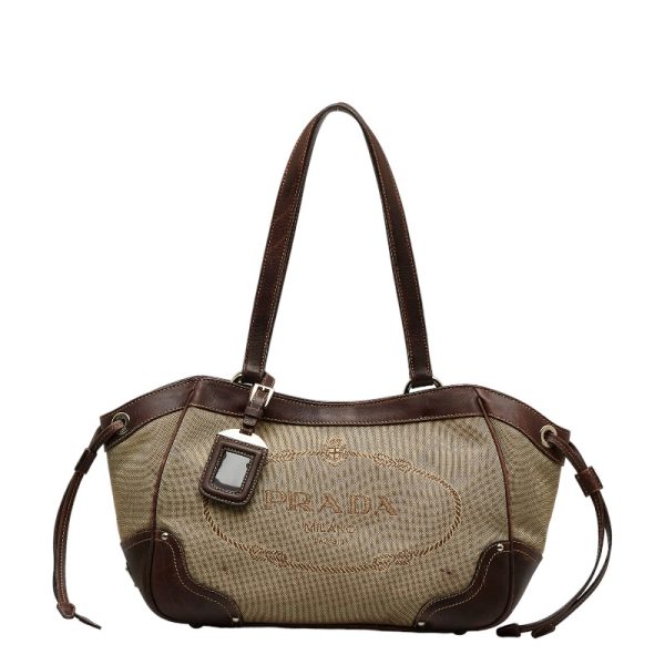 1 0127165 1 Prada Logo Jacquard Tote Bag BR3419 Beige Brown Canvas Leather