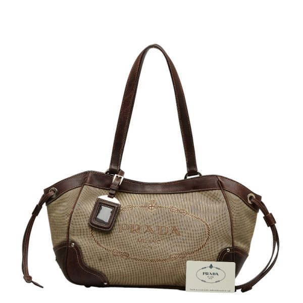 1 0127165 12 Prada Logo Jacquard Tote Bag BR3419 Beige Brown Canvas Leather