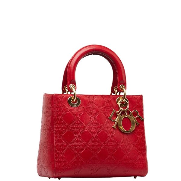 1 0128413 3 Dior Cannage Lady Dior Handbag Shoulder Bag 2WAY Red Gold Leather