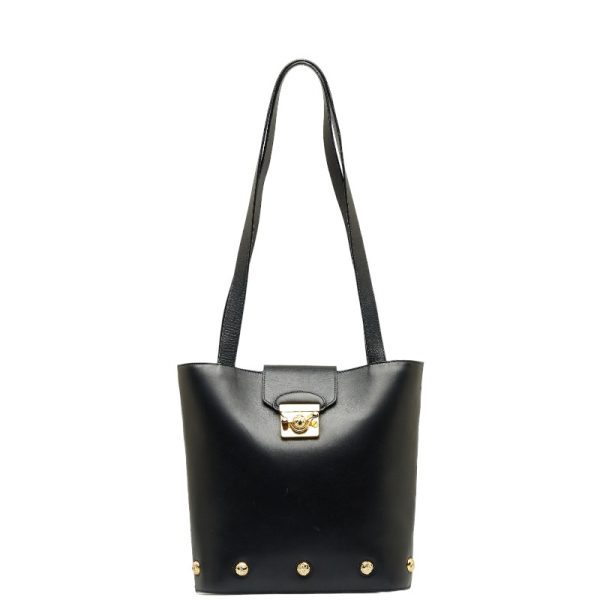 1 0129721 1 Salvatore Ferragamo Heel Motif Button Gold Hardware Shoulder Tote Bag Black