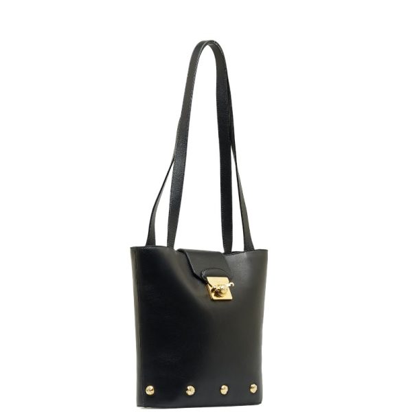 1 0129721 2 Salvatore Ferragamo Heel Motif Button Gold Hardware Shoulder Tote Bag Black