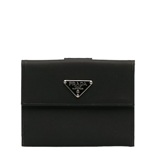 1 0131008 1 PRADA Triangle Logo Plate Bifold Wallet Black Nylon