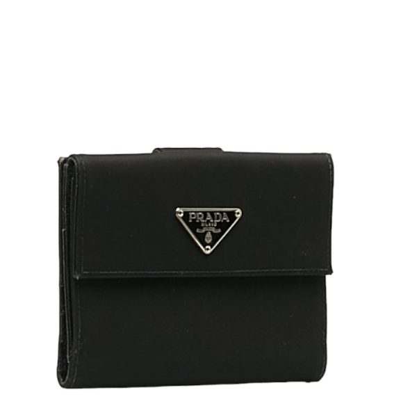 1 0131008 2 PRADA Triangle Logo Plate Bifold Wallet Black Nylon