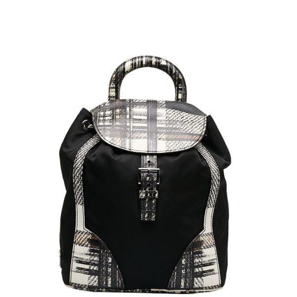 1 0131354 1 Prada Tessuto Saffiano Plaid Rucksack Backpack Black Nylon Leather