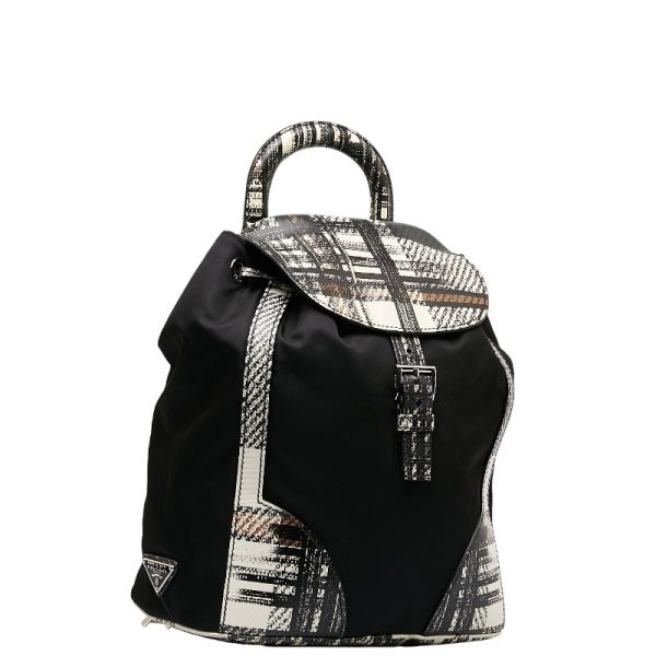 1 0131354 2 Prada Tessuto Saffiano Plaid Rucksack Backpack Black Nylon Leather