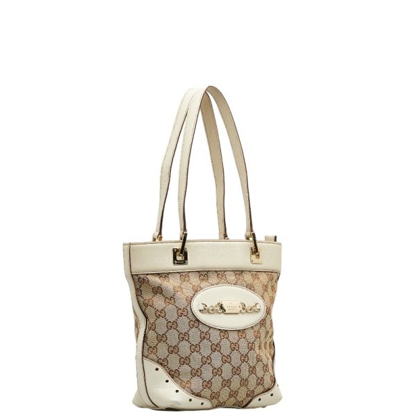 1 0131387 2 Gucci GG Canvas Handbag Tote Bag Beige White Canvas Leather