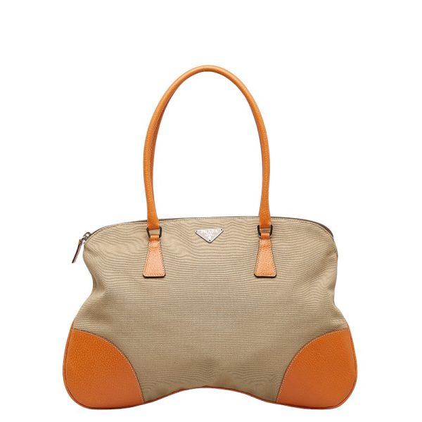 1 0131585 1 Prada Tote Bag Orange Beige Leather Canvas