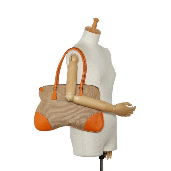 1 0131585 11 Prada Tote Bag Orange Beige Leather Canvas