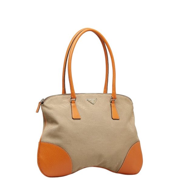 1 0131585 2 Prada Tote Bag Orange Beige Leather Canvas