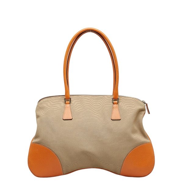 1 0131585 3 Prada Tote Bag Orange Beige Leather Canvas