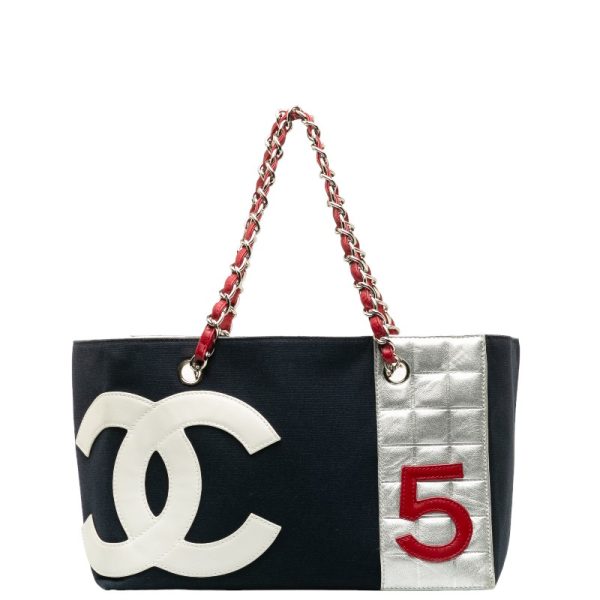 1 0131836 1 CHANEL Chain Tote Bag Navy Multicolor Canvas Leather