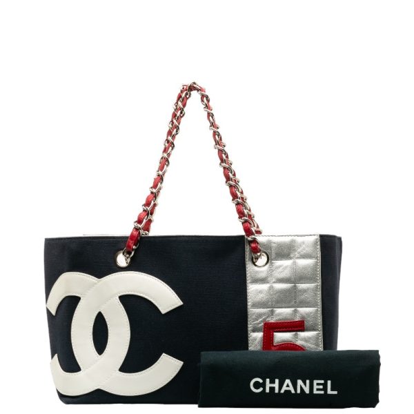 1 0131836 10 CHANEL Chain Tote Bag Navy Multicolor Canvas Leather