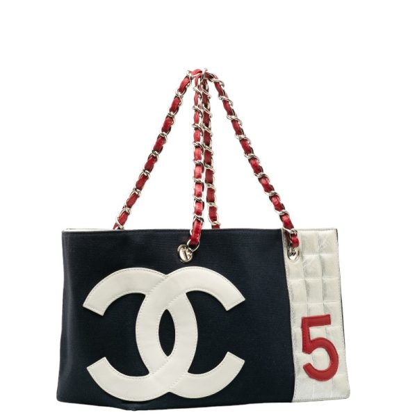 1 0131836 2 CHANEL Chain Tote Bag Navy Multicolor Canvas Leather