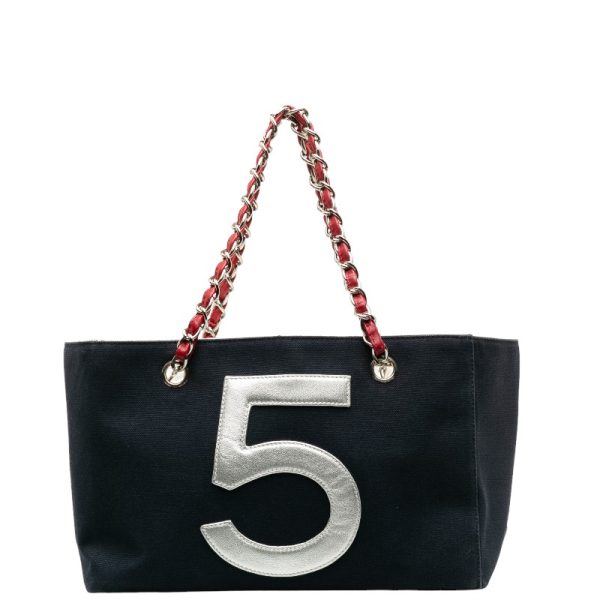 1 0131836 3 CHANEL Chain Tote Bag Navy Multicolor Canvas Leather