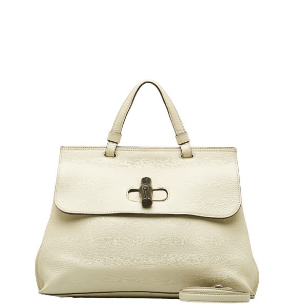 1 0132727 1 Gucci Bamboo Daily Medium Top Handle Bag White Leather