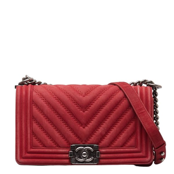 1 0135304 1 Chanel Boy Coco Mark Chain Bag Red Silver Suede