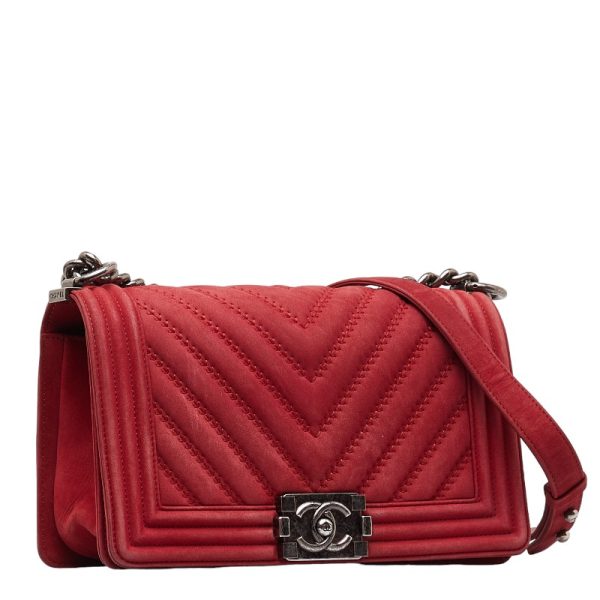 1 0135304 2 Chanel Boy Coco Mark Chain Bag Red Silver Suede