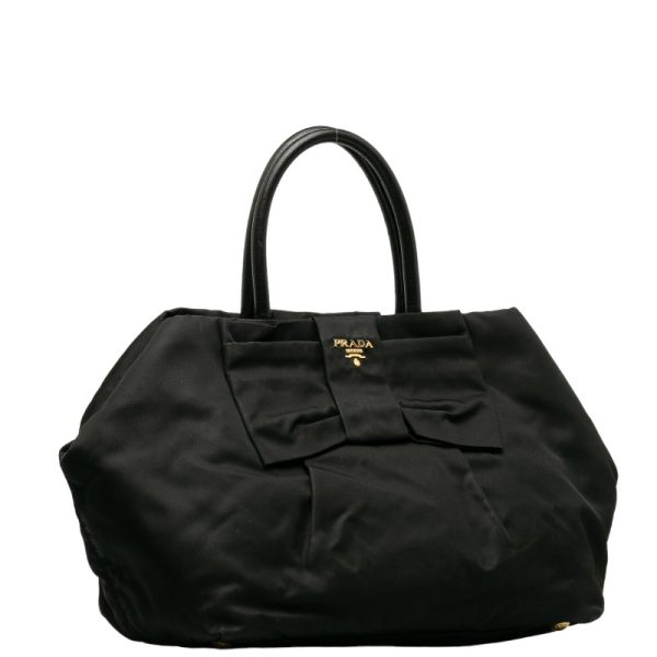 1 0136723 2 Prada Ribbon Tote Bag Handbag Black Nylon Leather