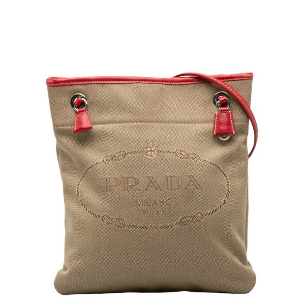 1 0136889 1 Prada Logo Jacquard Shoulder Bag Beige Red Canvas Leather