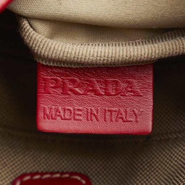 1 0136889 10 Prada Logo Jacquard Shoulder Bag Beige Red Canvas Leather