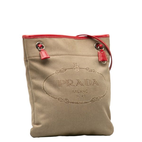 1 0136889 2 Prada Logo Jacquard Shoulder Bag Beige Red Canvas Leather