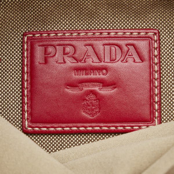 1 0136889 9 Prada Logo Jacquard Shoulder Bag Beige Red Canvas Leather