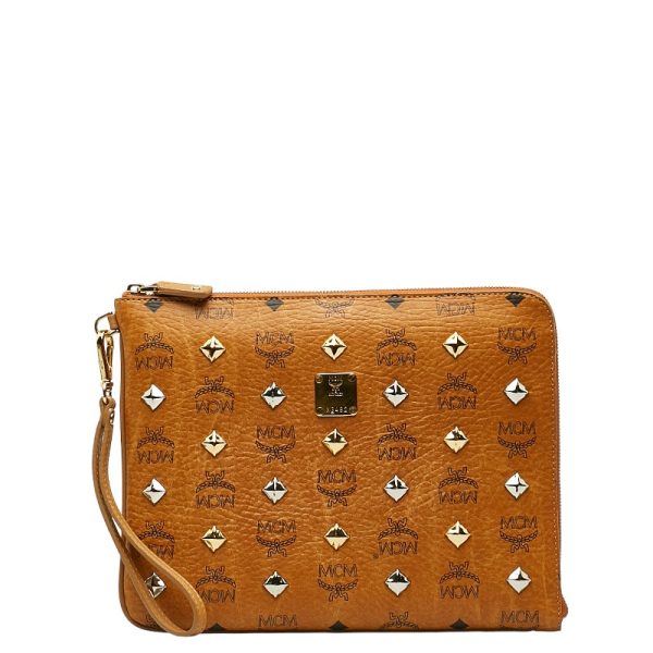 1 0137705 1 MCM Visetos Logogram Studded Clutch Bag Brown PVC Leather