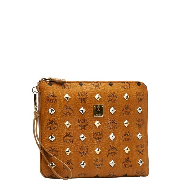 1 0137705 2 MCM Visetos Logogram Studded Clutch Bag Brown PVC Leather