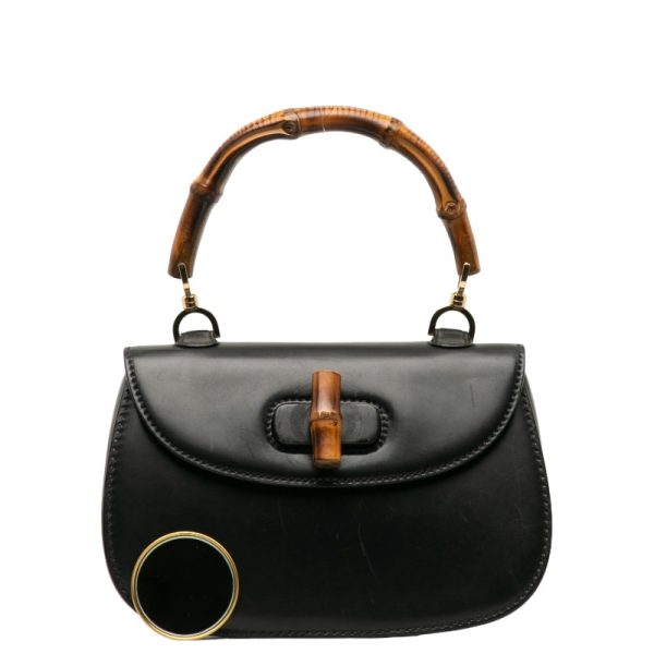 1 0138042 11 Gucci Old Gucci Bamboo Handbag Black Leather