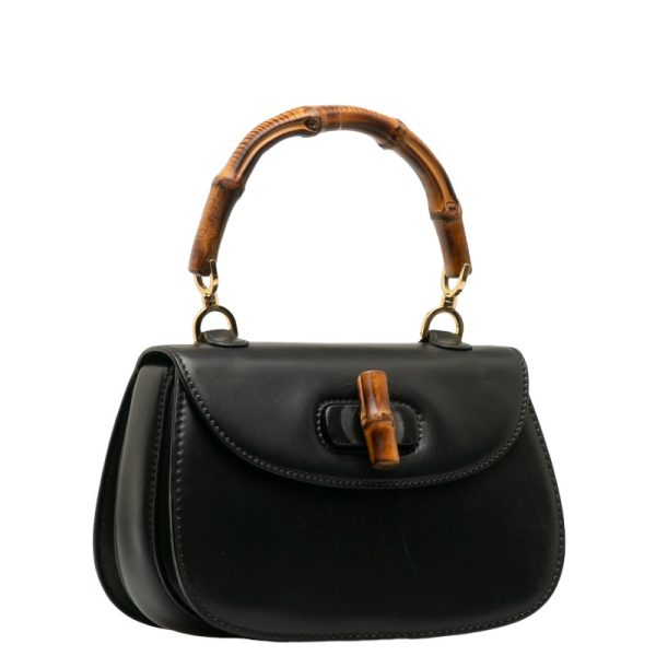 1 0138042 2 Gucci Old Gucci Bamboo Handbag Black Leather