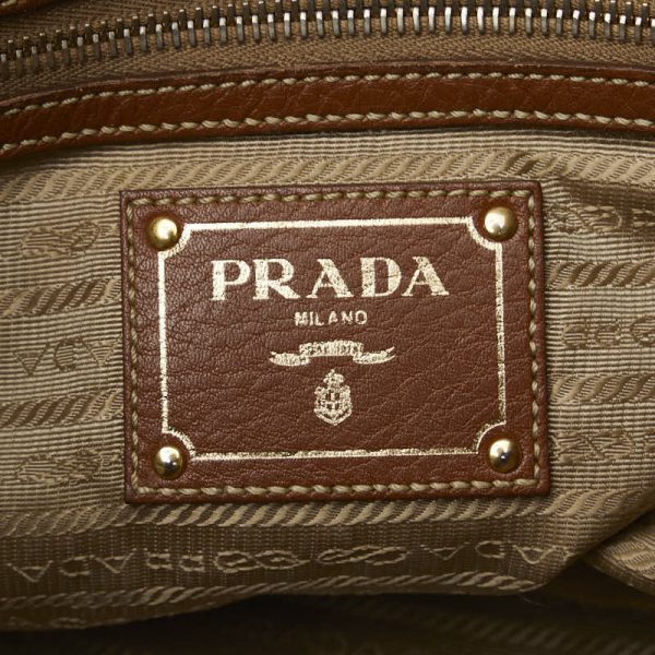 1 0138055 10 Prada Logo Jacquard Handbag Brown Canvas Leather