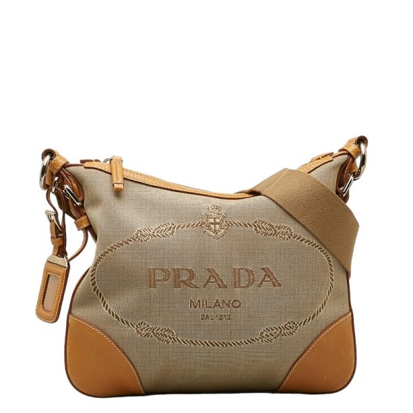 1 0139567 1 Prada Logo Jacquard Shoulder Bag Beige Canvas Leather