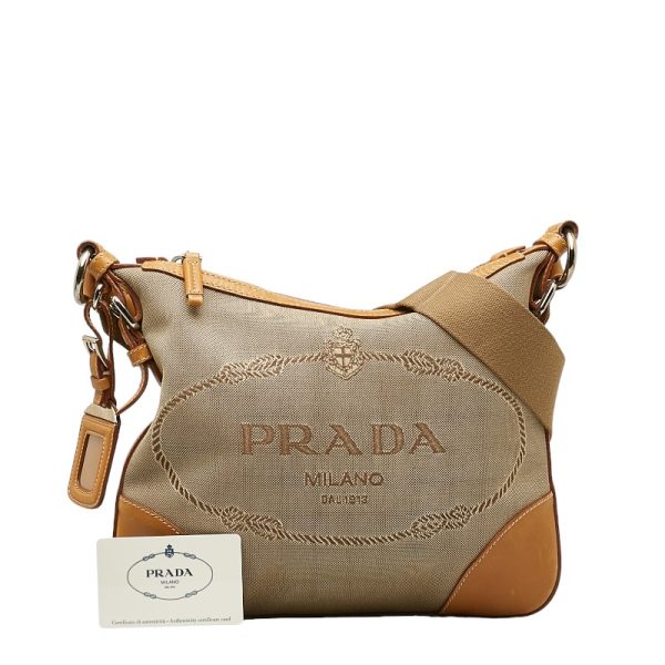 1 0139567 18 Prada Logo Jacquard Shoulder Bag Beige Canvas Leather