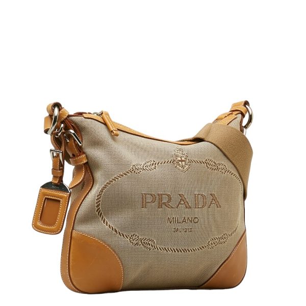 1 0139567 2 Prada Logo Jacquard Shoulder Bag Beige Canvas Leather