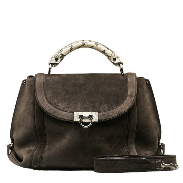 1 0140270 1 Salvatore Ferragamo Gancini Sofia Python Shoulder Bag Gray Suede