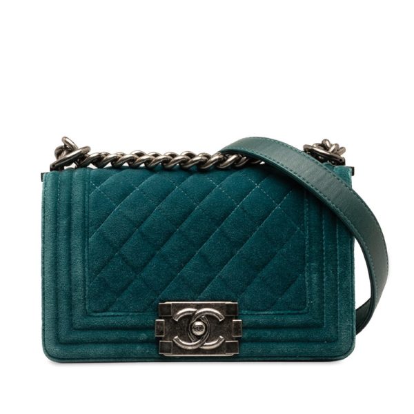 1 0141142 1 CHANEL Cocomark Boy Mini Crossbody Shoulder Bag Green Silver Suede