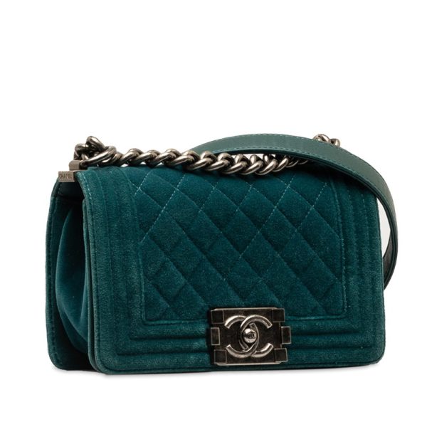 1 0141142 2 CHANEL Cocomark Boy Mini Crossbody Shoulder Bag Green Silver Suede