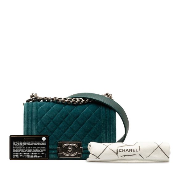 1 0141142 8 CHANEL Cocomark Boy Mini Crossbody Shoulder Bag Green Silver Suede