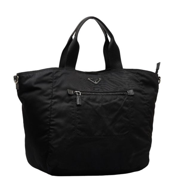 1 0141523 2 Prada Triangle Logo Plate Handbag Tote Bag Black Nylon Leather