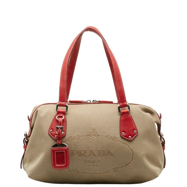 1 0141970 1 Prada Logo Jacquard Handbag Khaki Beige Red Canvas Leather