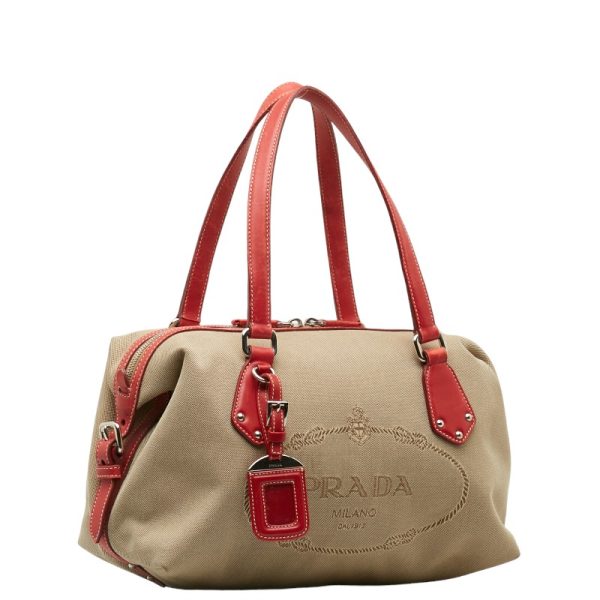 1 0141970 2 Prada Logo Jacquard Handbag Khaki Beige Red Canvas Leather